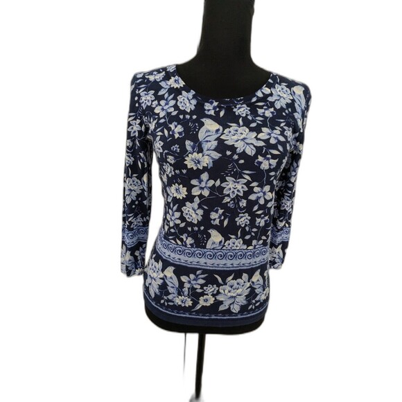 Talbots Sweater Women's sz P (XS) Petite India Ink Blue Bird Floral Toile Scoop - Picture 1 of 13